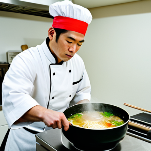 Home 11 A highly skilled male ramen chef, wearing a pristine white professional chef's coat and a traditional Japanese headband, stands focused in a clean, well-lit modern ramen kitchen. He is meticulously stirring a large pot of rich, simmering broth, with steam gently rising. The scene emphasizes dedication and culinary precision. His posture is a natural pose, hands are well-formed with proper finger count. Professional photography, realistic, high detail, vibrant colors, perfect anatomy, correct proportions, natural body proportions. safe for work, appropriate content, fully clothed, professional.