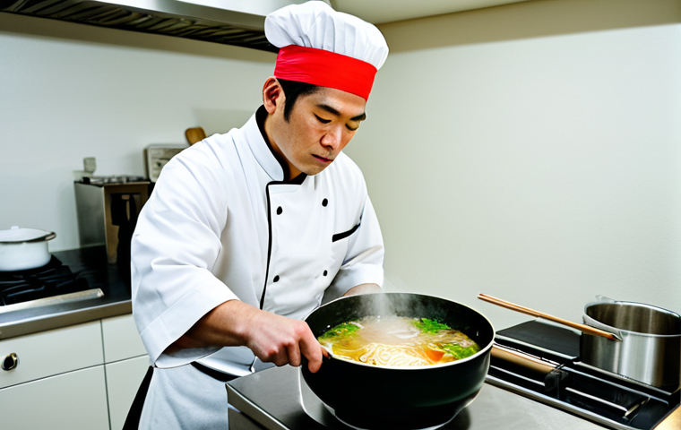 A highly skilled male ramen chef, wearing a pristine white professional chef's coat and a traditional Japanese headband, stands focused in a clean, well-lit modern ramen kitchen. He is meticulously stirring a large pot of rich, simmering broth, with steam gently rising. The scene emphasizes dedication and culinary precision. His posture is a natural pose, hands are well-formed with proper finger count. Professional photography, realistic, high detail, vibrant colors, perfect anatomy, correct proportions, natural body proportions. safe for work, appropriate content, fully clothed, professional.