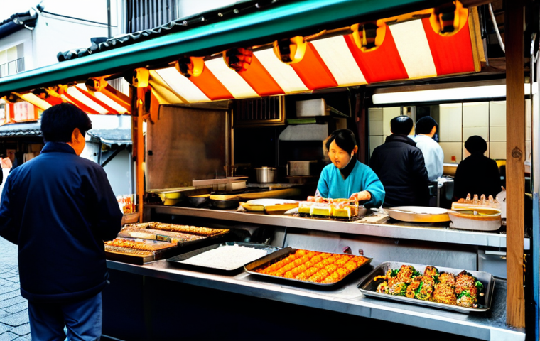 Japanese Street Food Stall**

"A bustling Japanese street food stall at a traditional market, fully clothed vendors, appropriate attire, selling takoyaki, yakitori, and okonomiyaki, safe for work, food photography, vibrant colors, perfect anatomy, natural proportions, professional quality, family-friendly, modest scene, correct finger count, well-formed hands, dynamic composition."

**