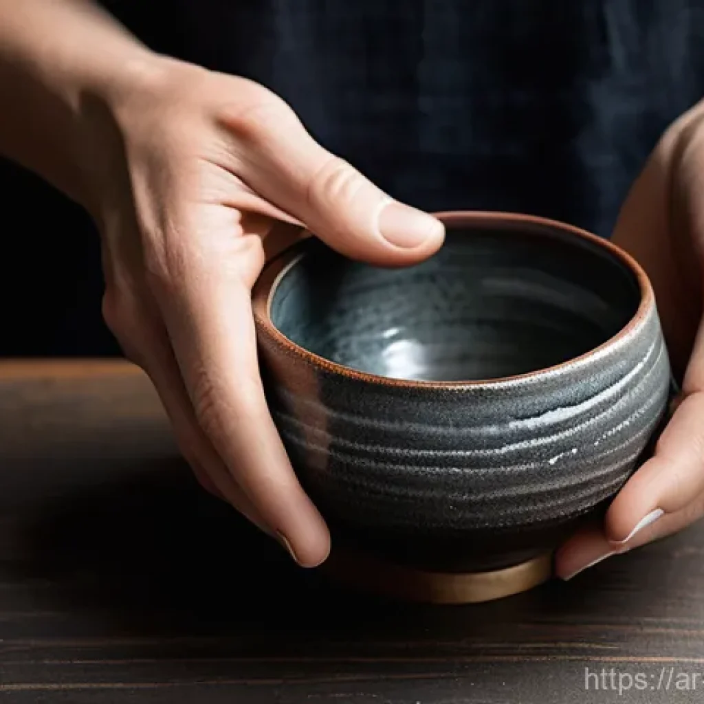 일본 전통 도자기 제작 - **Prompt: Wabi-Sabi Raku Tea Bowl and Artisan's Hands**
    A close-up, high-resolution photograph c...