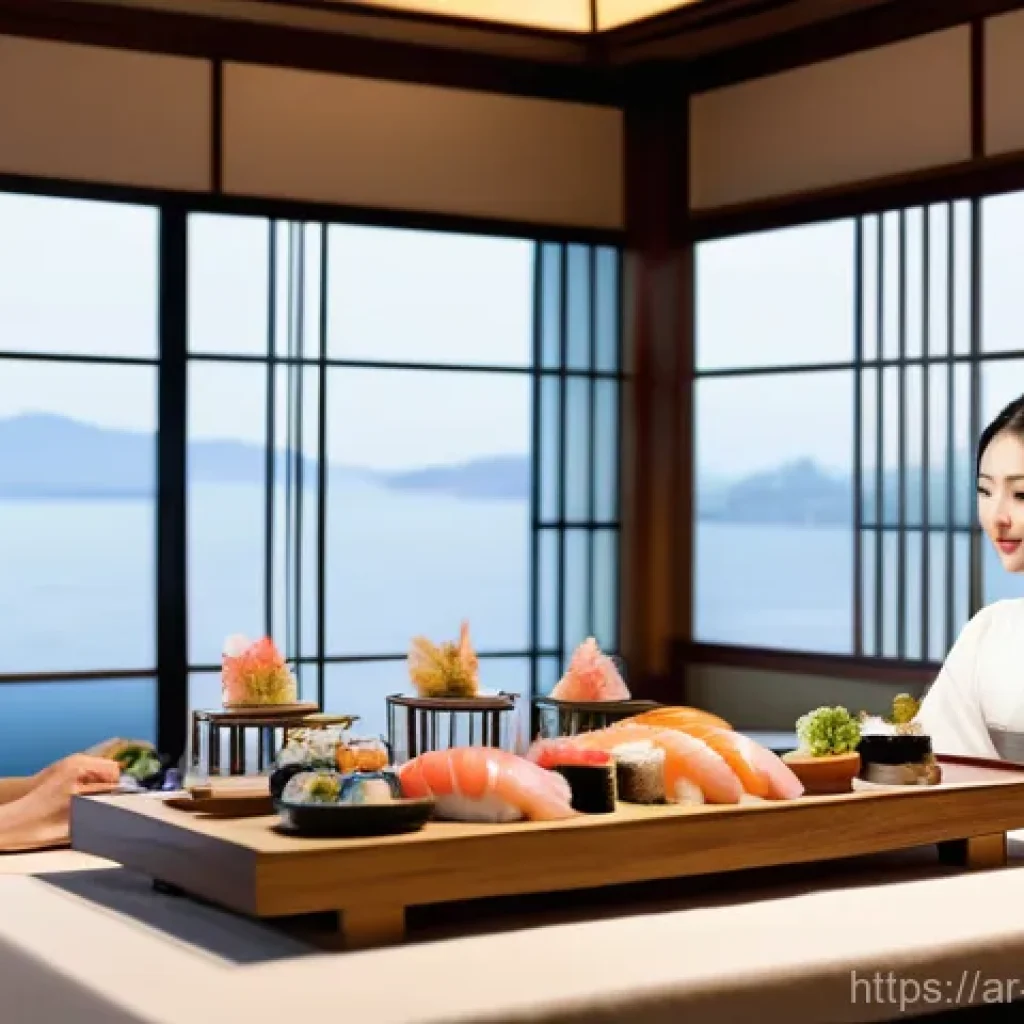 일본과 한국 문화 비교 - **Prompt:** A serene and elegant scene depicting a Japanese culinary experience. Focus on a meticulo...