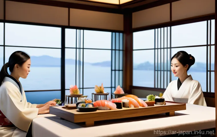 일본과 한국 문화 비교 - **Prompt:** A serene and elegant scene depicting a Japanese culinary experience. Focus on a meticulo...