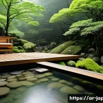 Home 21 일본 온천 여행 추천 - A serene outdoor Japanese hot spring (onsen) set in a lush mountainous forest during a gentle spring...