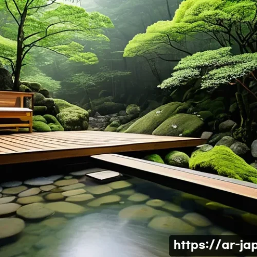 Home 33 일본 온천 여행 추천 - A serene outdoor Japanese hot spring (onsen) set in a lush mountainous forest during a gentle spring...