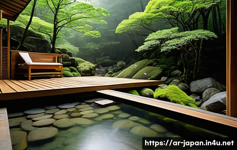 일본 온천 여행 추천 - A serene outdoor Japanese hot spring (onsen) set in a lush mountainous forest during a gentle spring...