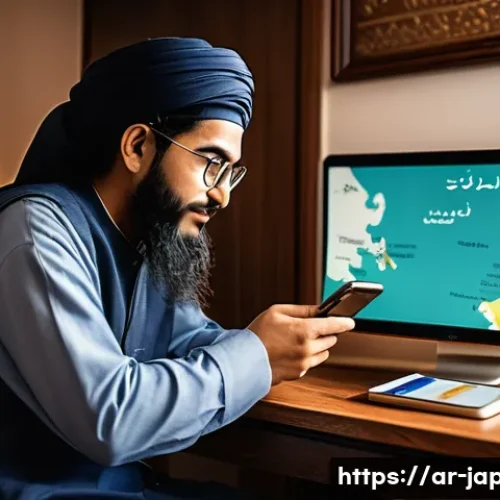 Home 32 일본 여행 전 환율 계산법 - A detailed illustration of an Arab traveler using multiple financial apps on a smartphone, such as X...