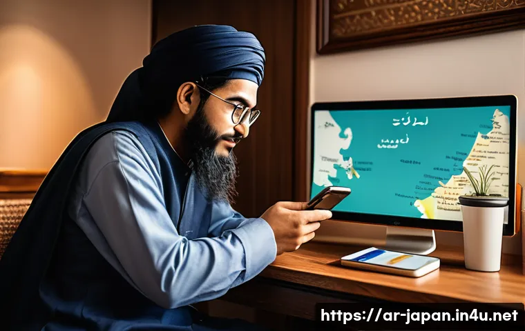 일본 여행 전 환율 계산법 - A detailed illustration of an Arab traveler using multiple financial apps on a smartphone, such as X...