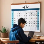 Home 18 일본어 JLPT 시험 준비법 - A focused young Arab student sitting at a tidy wooden desk in a cozy, well-lit room, studying Japane...