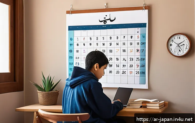 일본어 JLPT 시험 준비법 - A focused young Arab student sitting at a tidy wooden desk in a cozy, well-lit room, studying Japane...