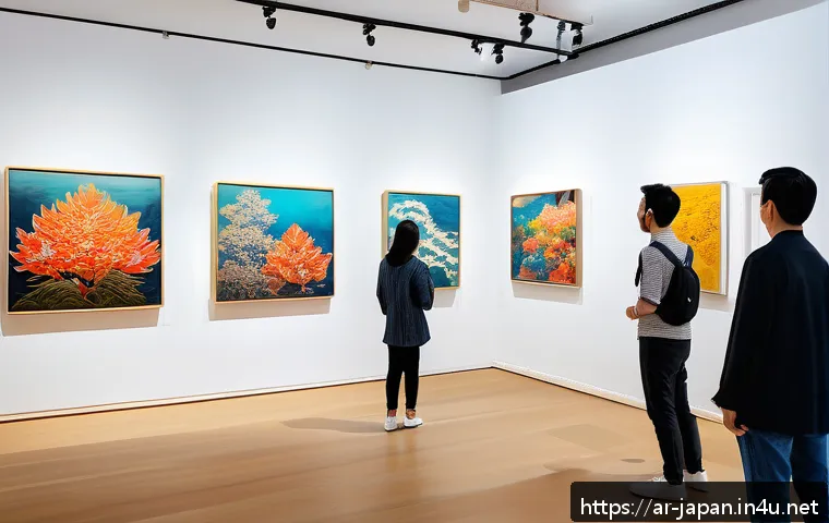 일본과 서양 문화의 융합 사례 - A vibrant contemporary Japanese art gallery scene showcasing a fusion of traditional and modern styl...
