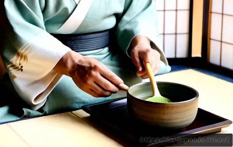 Home 17 일본 다도 예술 - Photorealistic Japanese tea ceremony in a serene tatami room, elegant tea master in modest tradition...