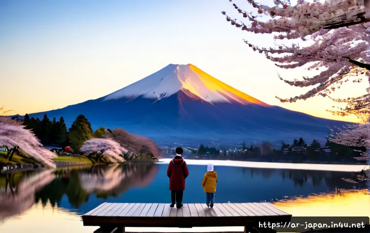 일본의 국립 공원 및 자연 보호구역 - Photorealistic sunrise panorama of a Japanese national park, Mount Fuji reflected in a perfectly cal...