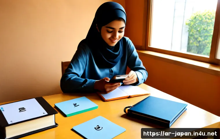 일본어 기초 문법 배우기 - Photorealistic home study scene of a young Arab woman wearing a modest hijab, learning basic Japanes...